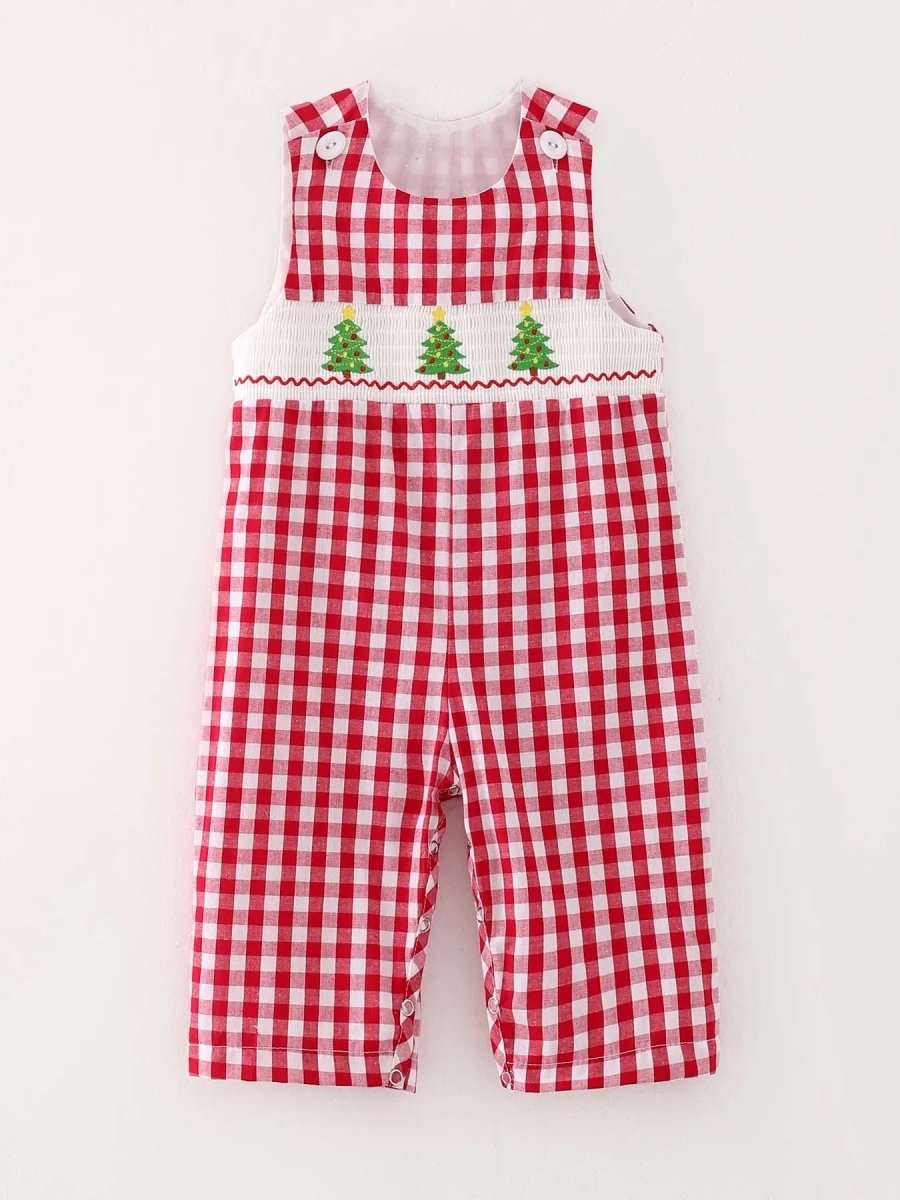 Rylee Faith Designs Christmas Tree Smocking Embroidered Boys Romper Outfit - Everetts Place Boutique - 
