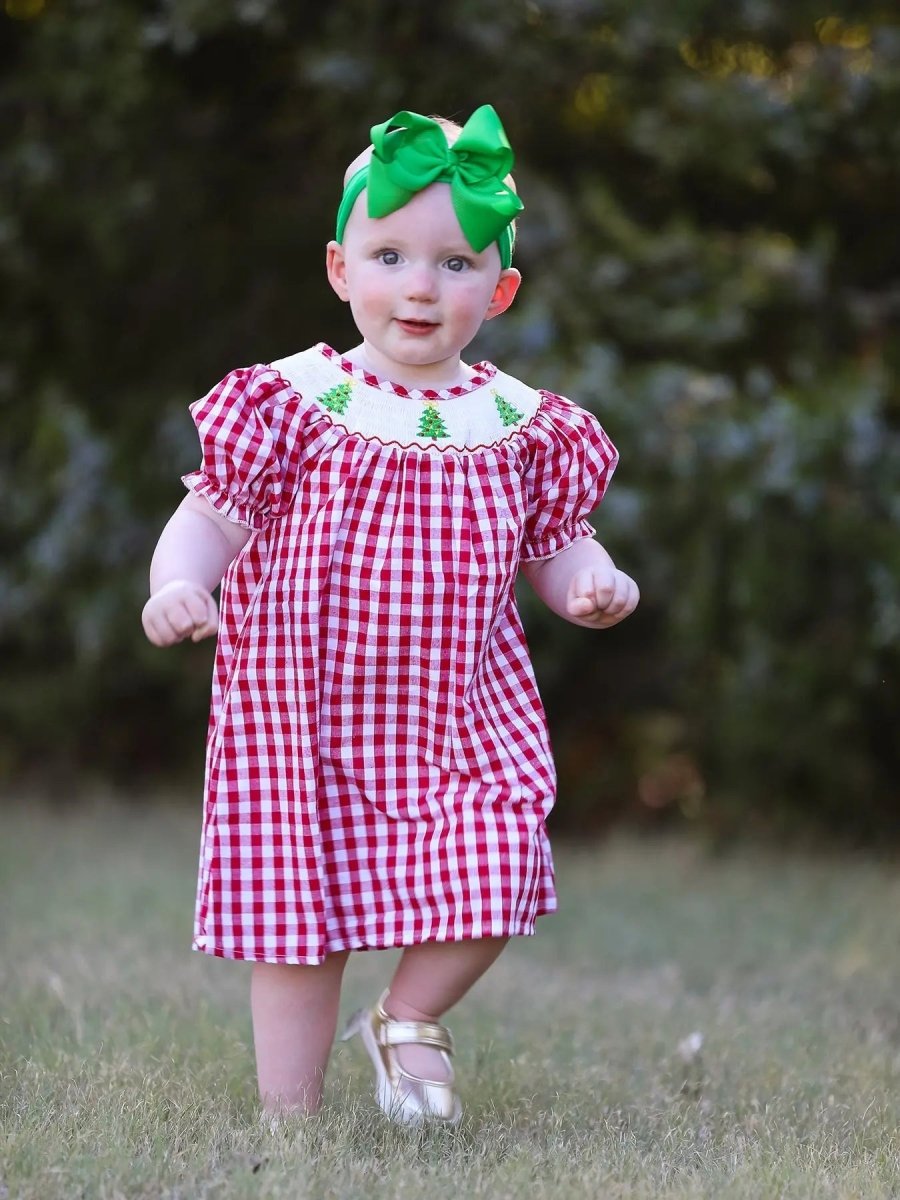 Rylee Faith Designs Christmas Tree Smocking Embroidered Dress For Girls - Everetts Place Boutique - 