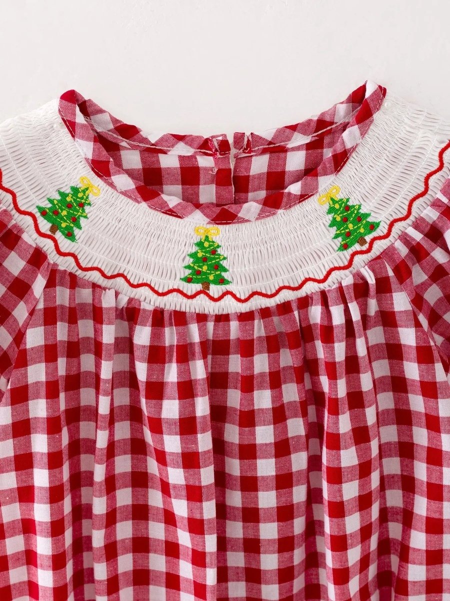 Rylee Faith Designs Christmas Tree Smocking Embroidered Girls Holiday Romper - Everetts Place Boutique - 