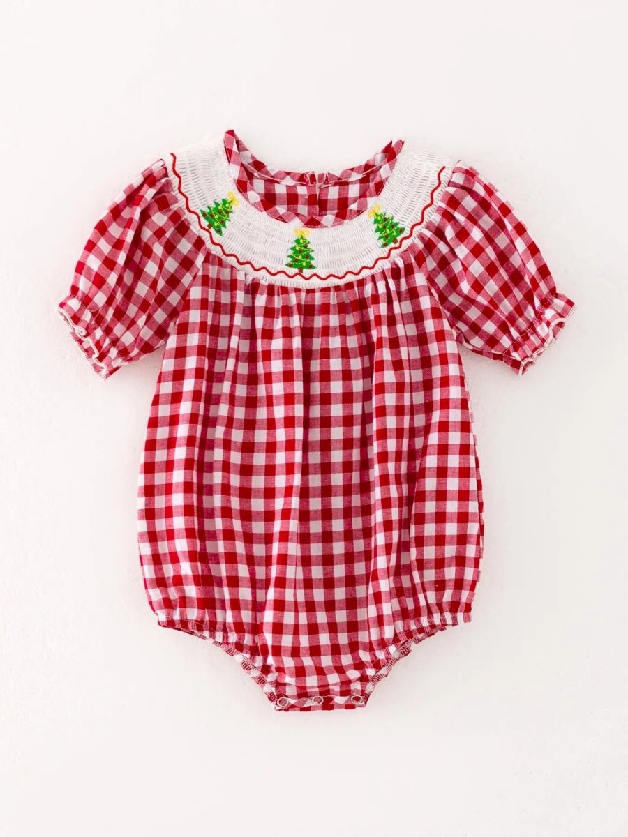Rylee Faith Designs Christmas Tree Smocking Embroidered Girls Holiday Romper - Everetts Place Boutique - 