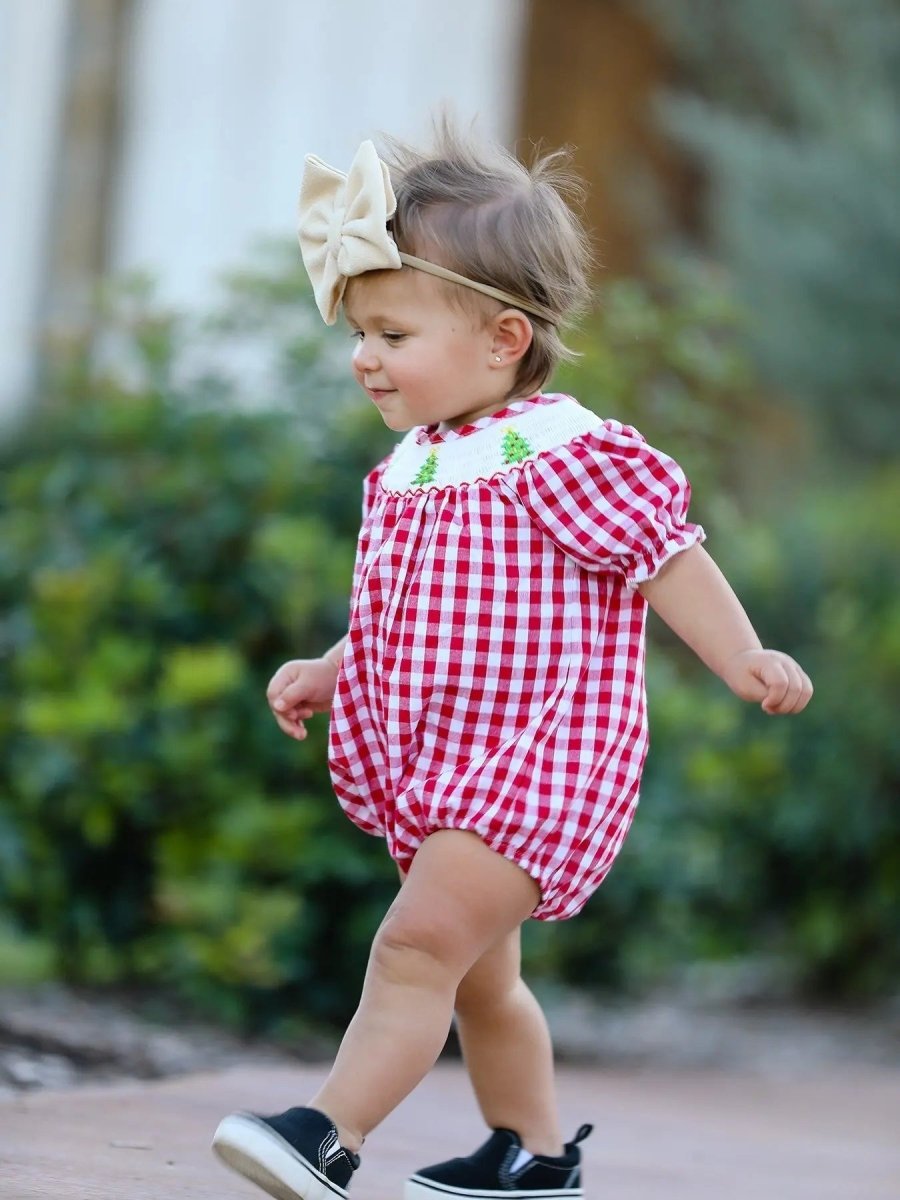 Rylee Faith Designs Christmas Tree Smocking Embroidered Girls Holiday Romper - Everetts Place Boutique - 