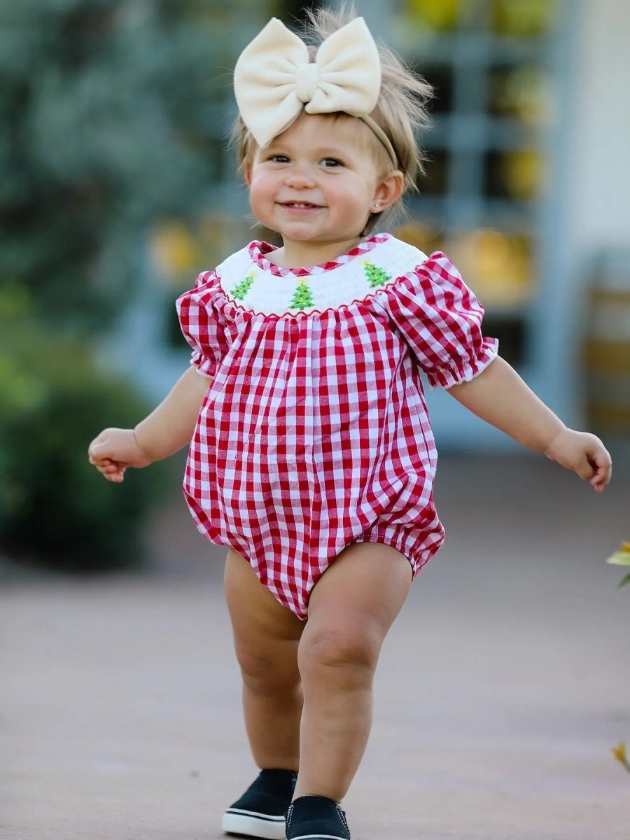 Rylee Faith Designs Christmas Tree Smocking Embroidered Girls Holiday Romper - Everetts Place Boutique - 