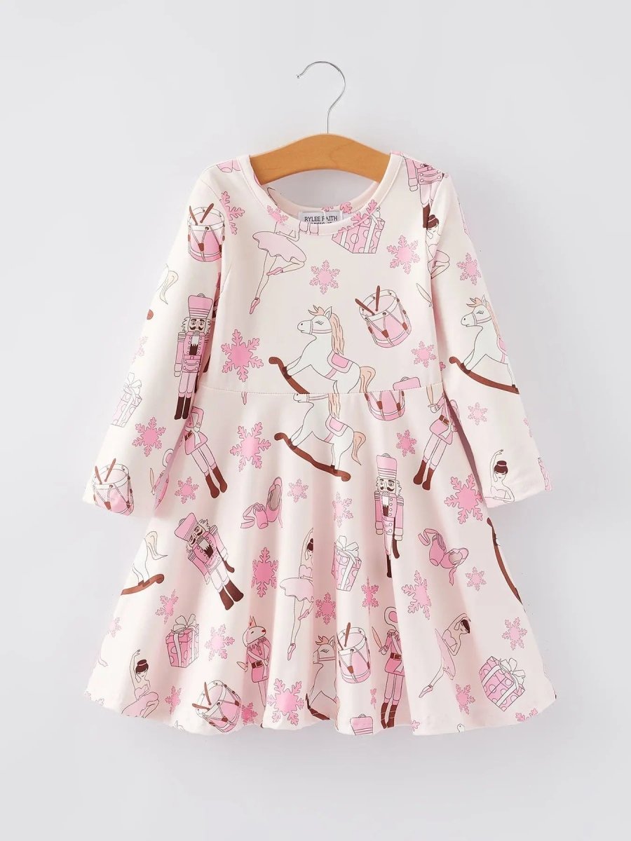 Rylee Faith Designs Christmas White Horse Dress With Nutcracker Print For Girls - Everetts Place Boutique - 