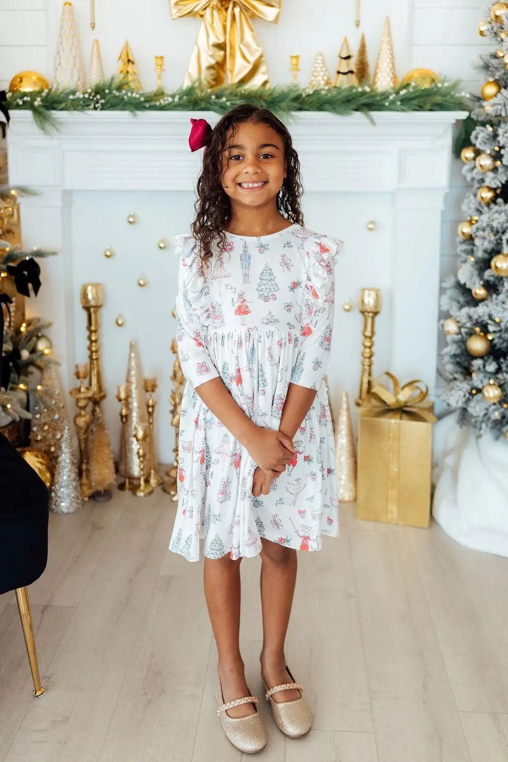 Mila & Rose ® Clara's Christmas 3/4 Sleeve Ruffle Twirl Dress - 