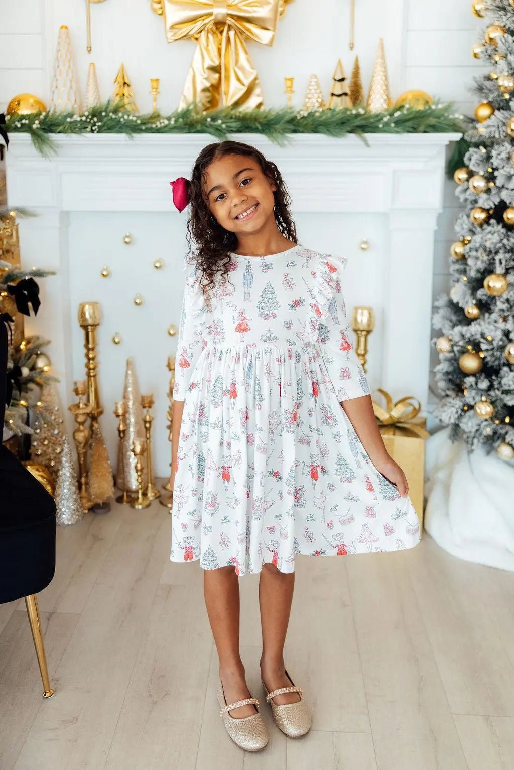 Mila & Rose ® Clara's Christmas 3/4 Sleeve Ruffle Twirl Dress - 