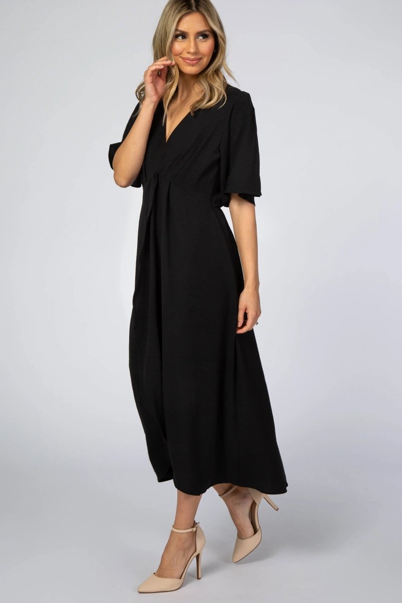 PinkBlush Classic Black Midi Wrap Dress with Open Sleeves for Elegant Women - 