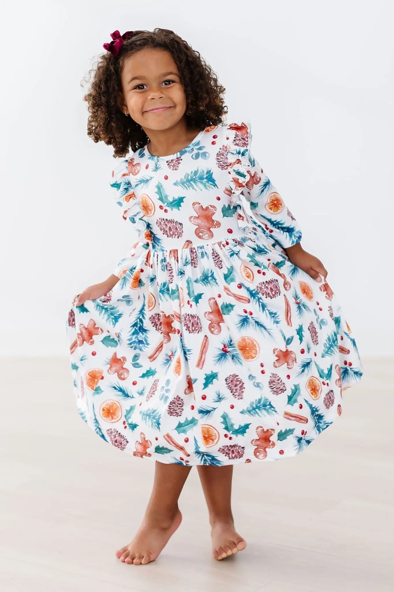 Mila & Rose ® Classic Christmas Three Quarter Sleeve Ruffle Twirl Dress For Girls - 