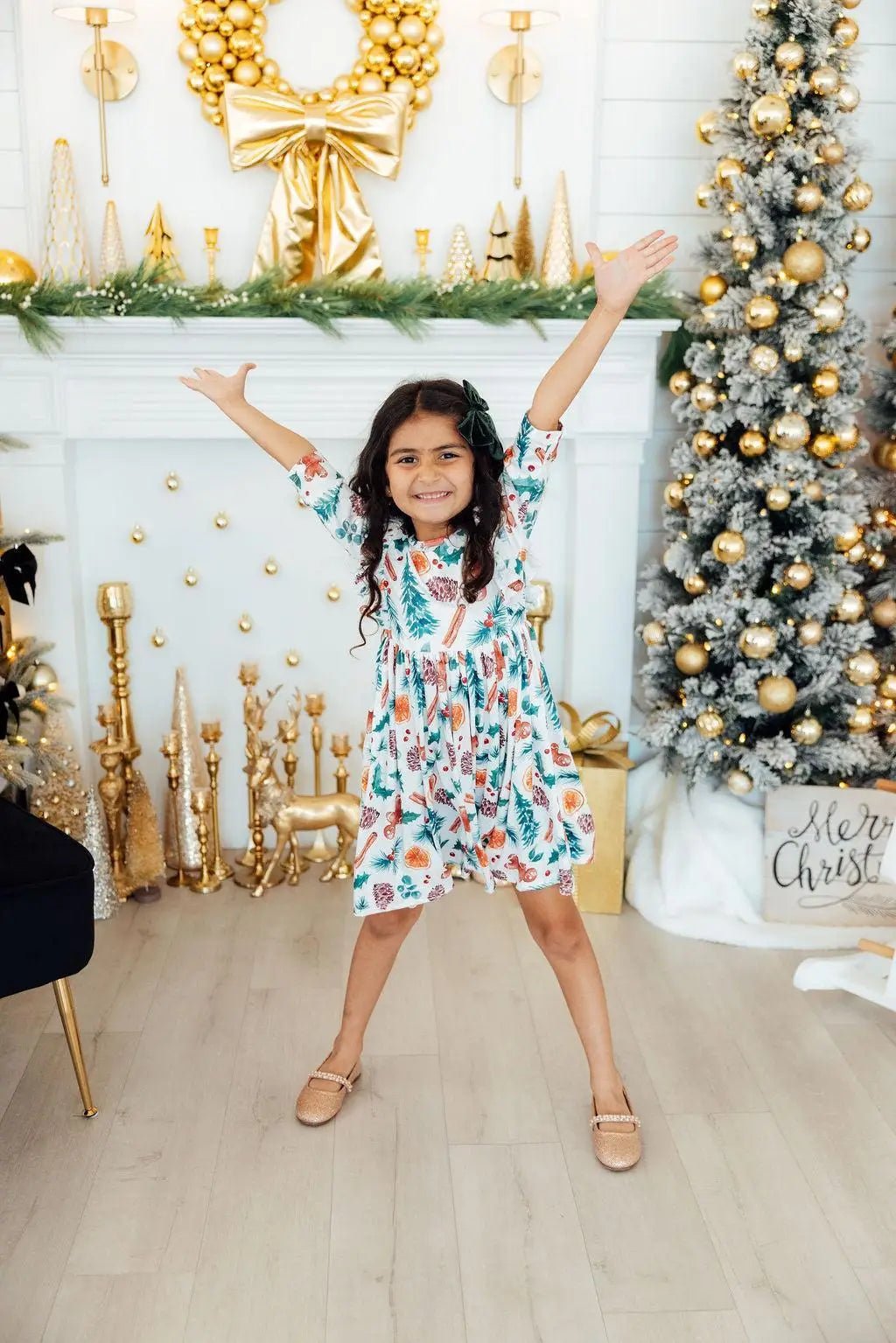Mila & Rose ® Classic Christmas Three Quarter Sleeve Ruffle Twirl Dress For Girls - 