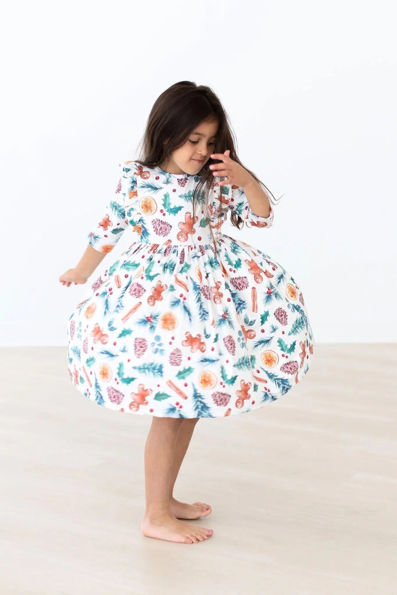 Mila & Rose ® Classic Christmas Three Quarter Sleeve Ruffle Twirl Dress For Girls - 