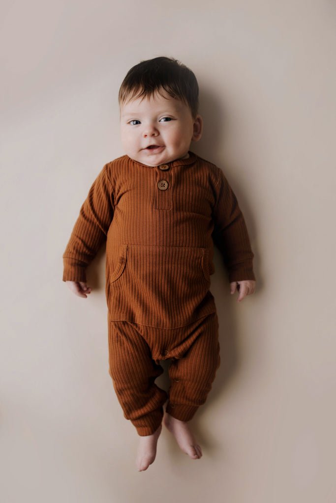 Three Little Tots Clay Baby Ribbed Playsuit with pockets - 
