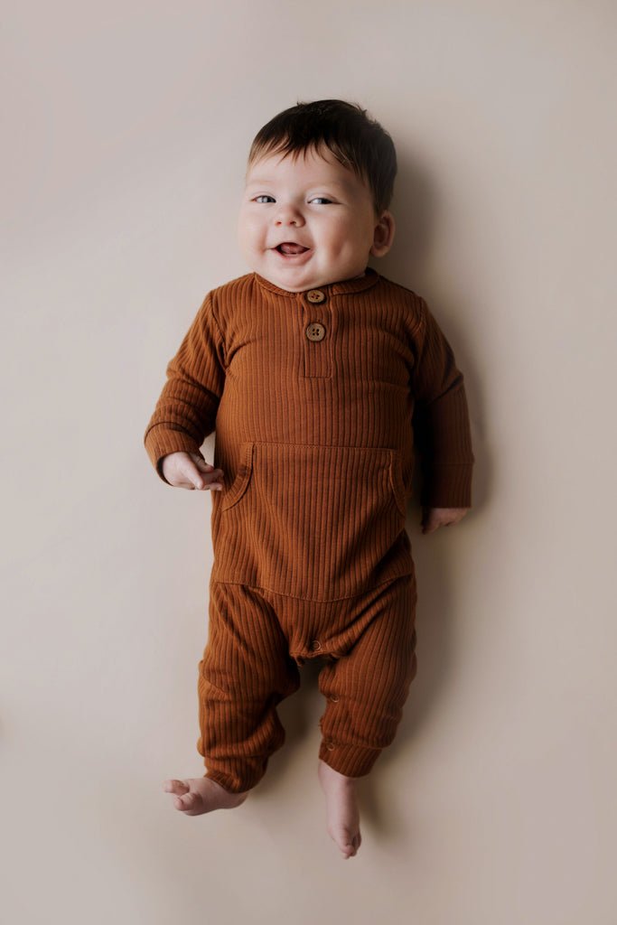 Three Little Tots Clay Baby Ribbed Playsuit with pockets - 