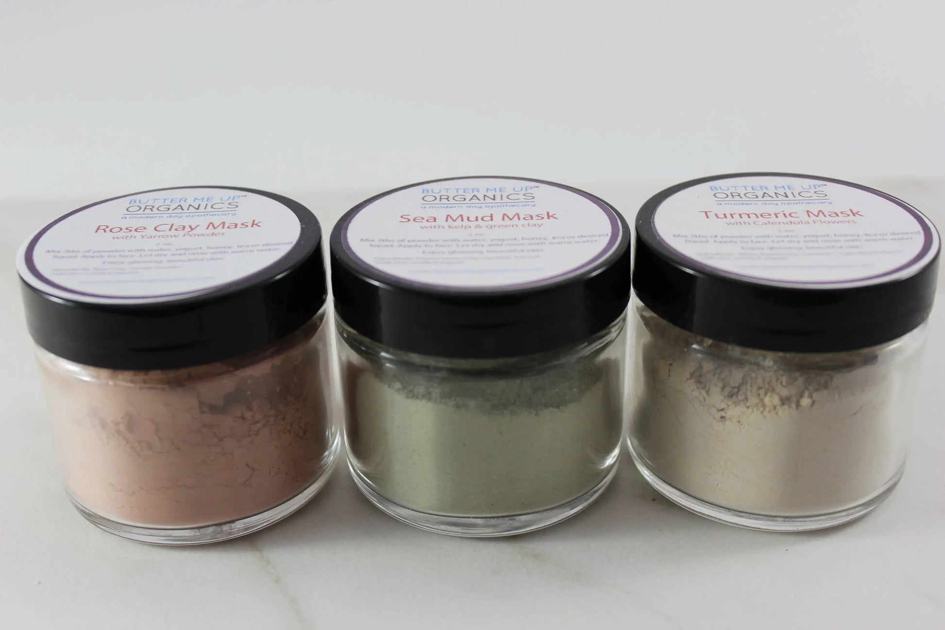 Clay Face Mask Trio Rose Clay French Green Clay Kaolin Clay Turmeric Kelp Calendula Butter Me Up Organics
