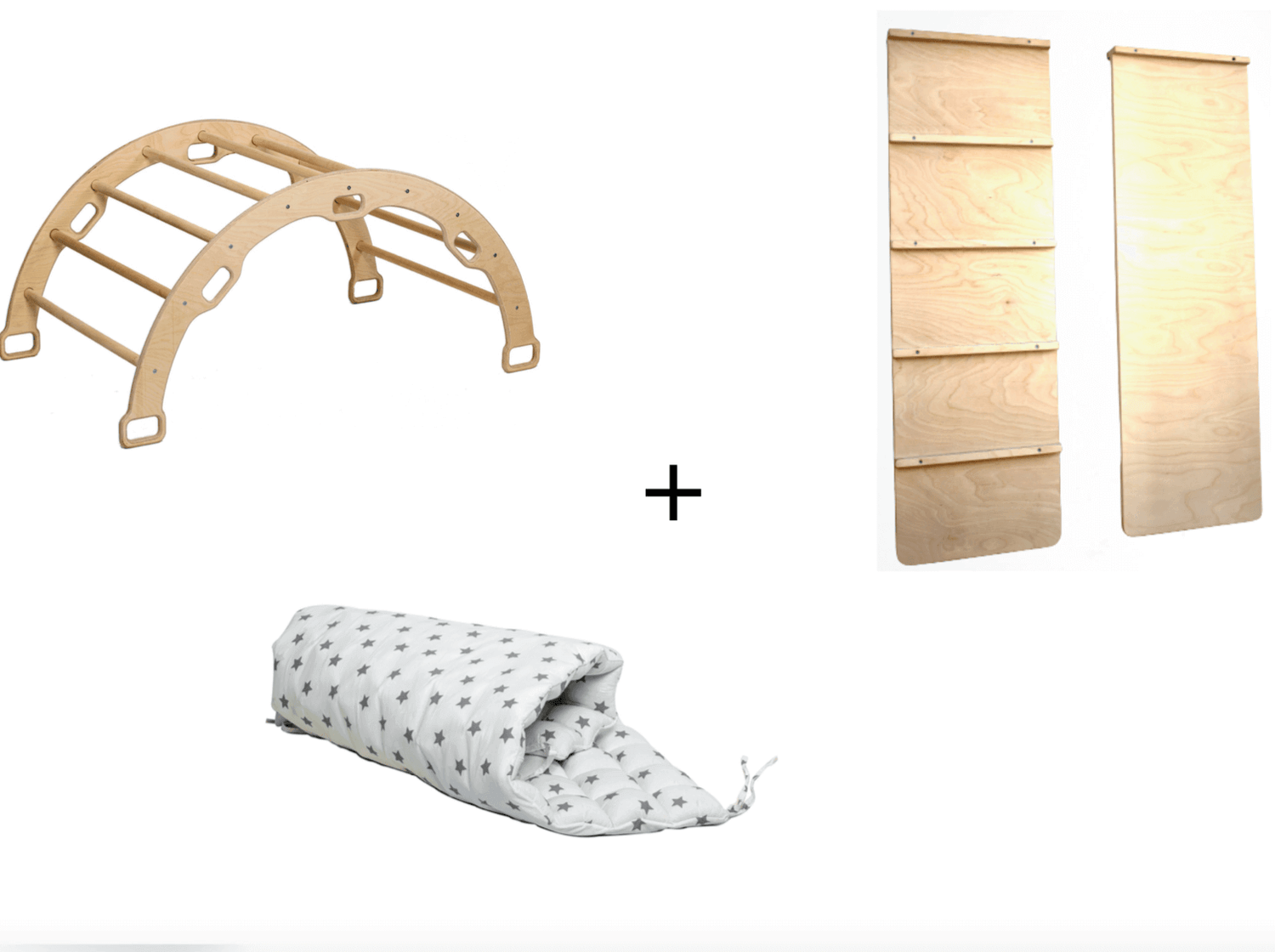 Wooden climbing arch set with ladder ramp and a soft star pillow