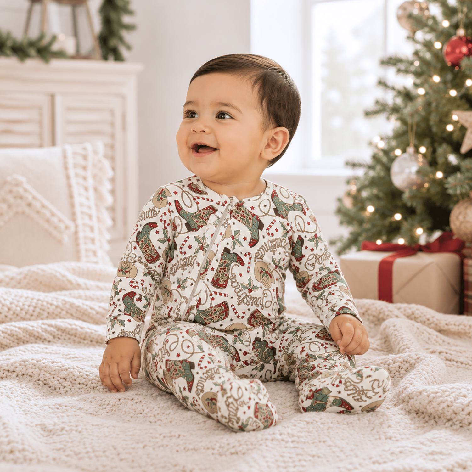 Bamboo Zipper Romper, Western Christmas Print