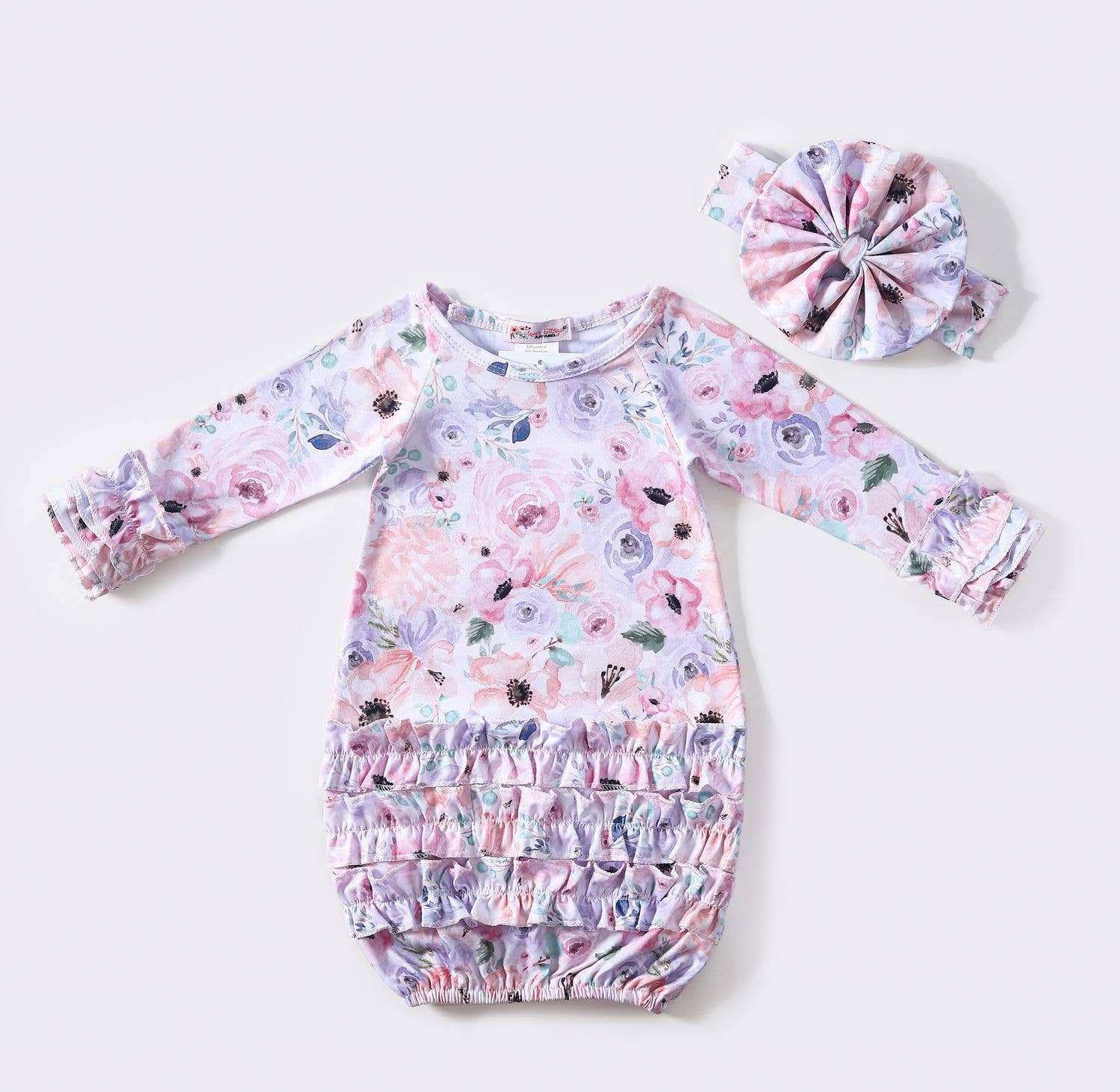 Clover Cottage Flower Canvas Baby Gown and Headband Set for Newborns to Three Months Clover Cottage