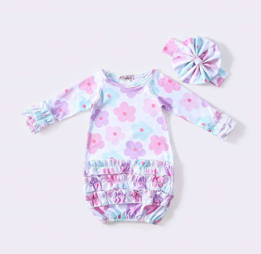 Clover Cottage Purple Daisy Baby Gown for Newborns with Matching Headband Clover Cottage