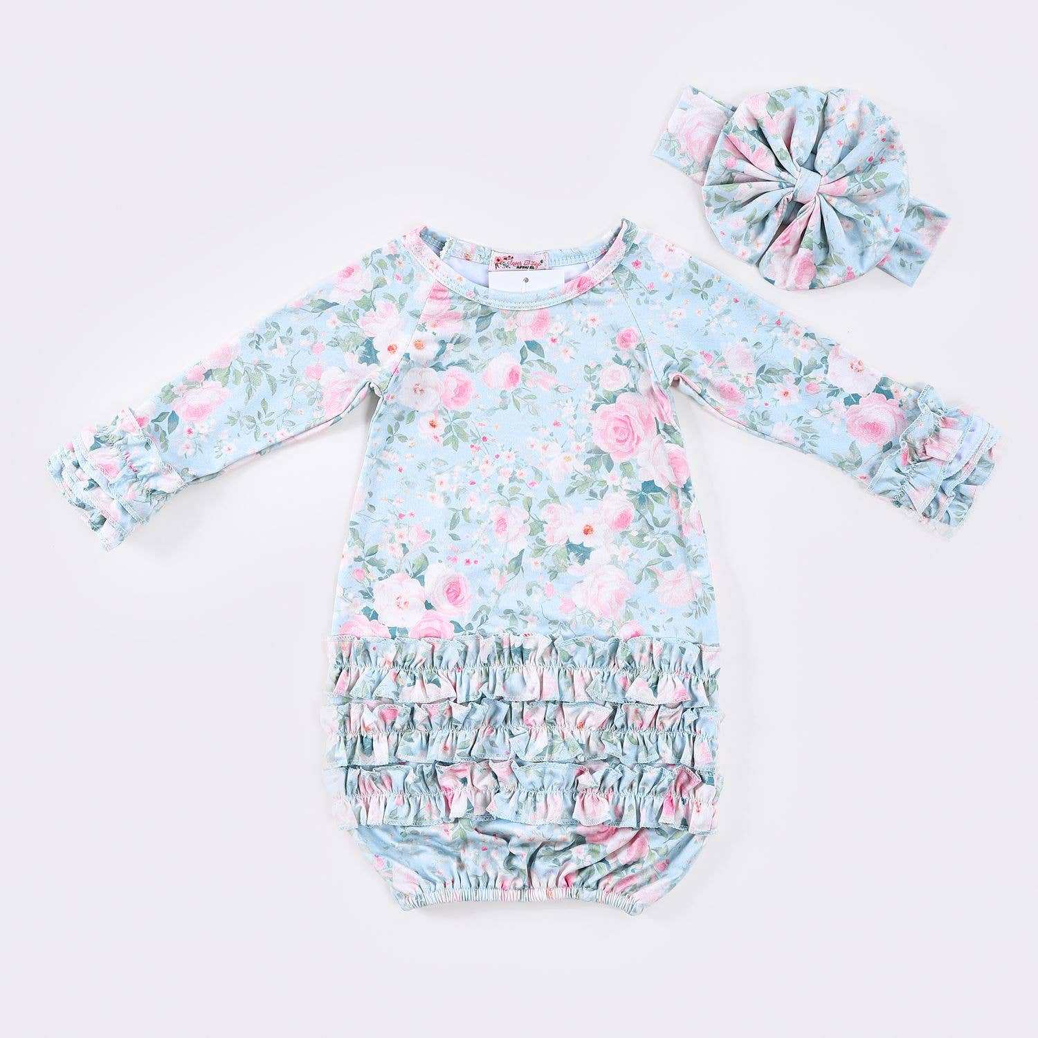 Clover Cottage Rosebud Mint Baby Gown and Headband Set for Newborns to 3 Months Clover Cottage