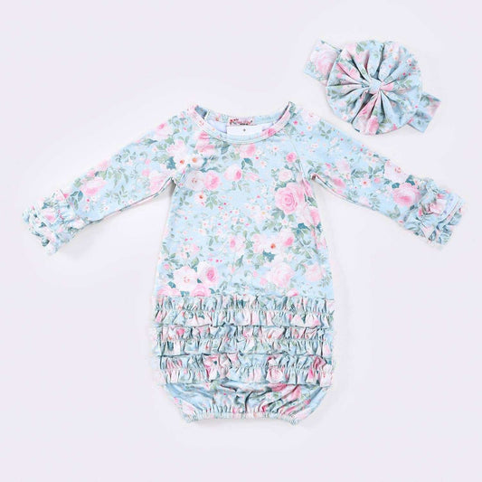 Clover Cottage Rosebud Mint Baby Gown and Headband Set for Newborns to 3 Months Clover Cottage