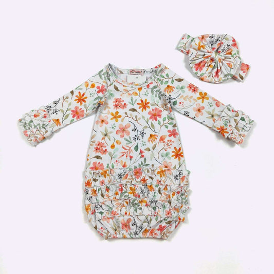 Clover Cottage Wild Flower Baby Gown for Infants with Matching Headband at Everetts Place Clover Cottage