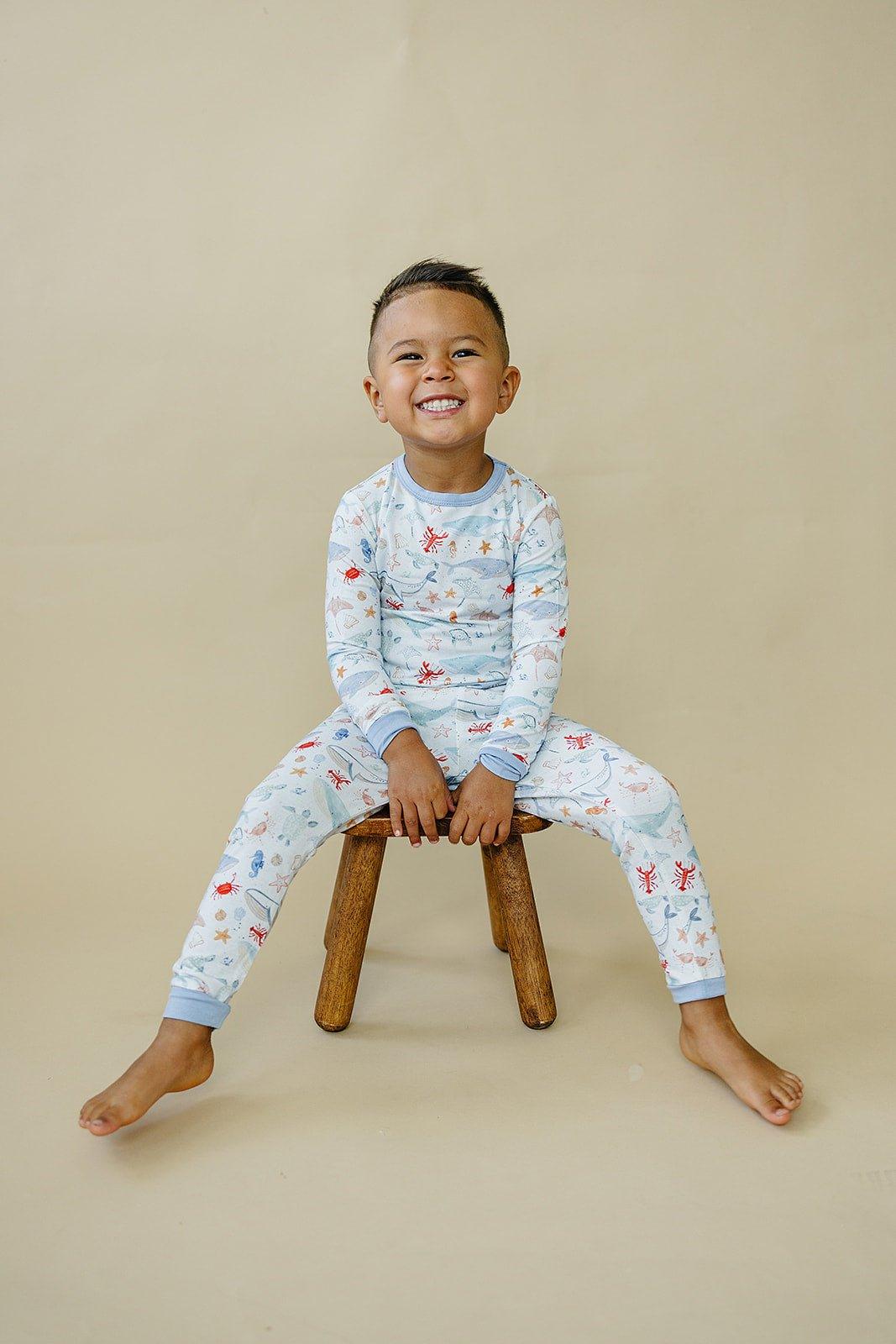 Two-piece pajama set with a top and pants in the Coastal Cutie print