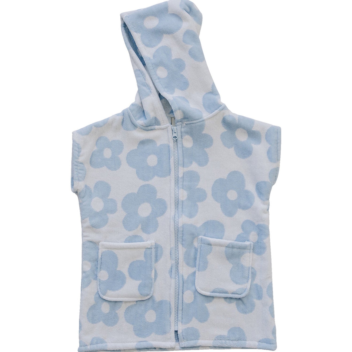 Zip-up beach poncho in coastal floral print with short sleeves and a front zipper