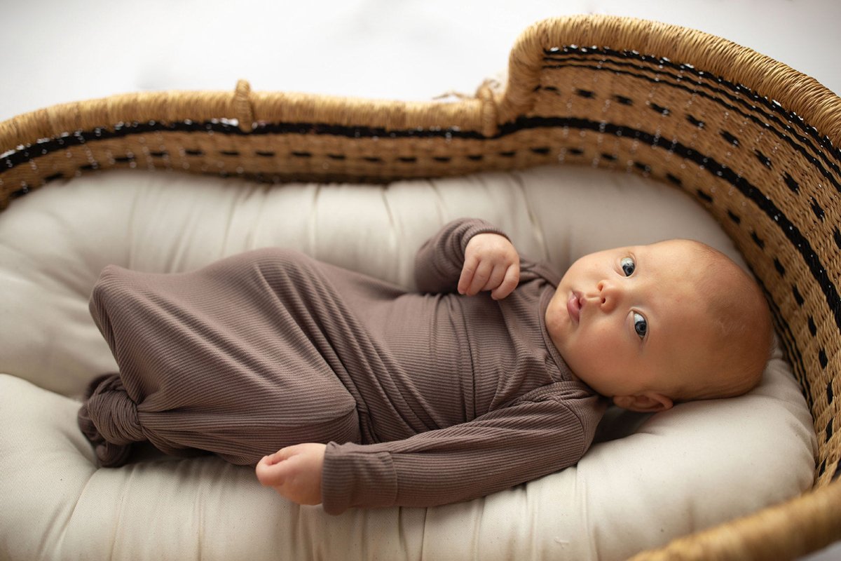 Three Little Tots Cocoa Brown Ribbed Knotted Newborn Baby Gown - 