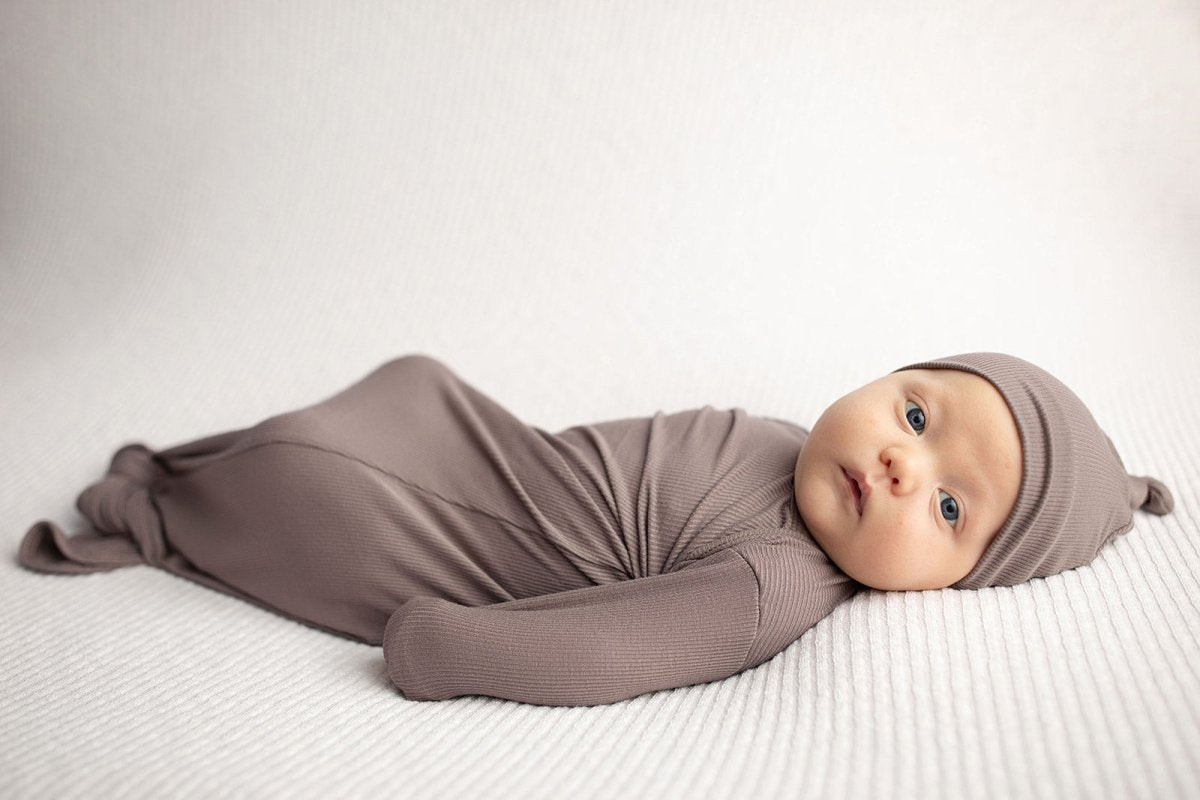 Three Little Tots Cocoa Brown Ribbed Knotted Newborn Baby Gown - 