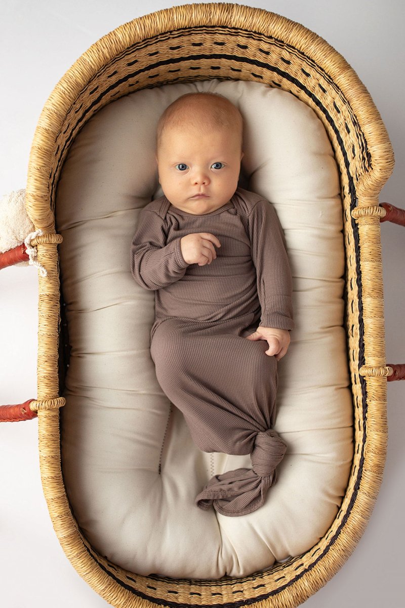 Three Little Tots Cocoa Brown Ribbed Knotted Newborn Baby Gown - 