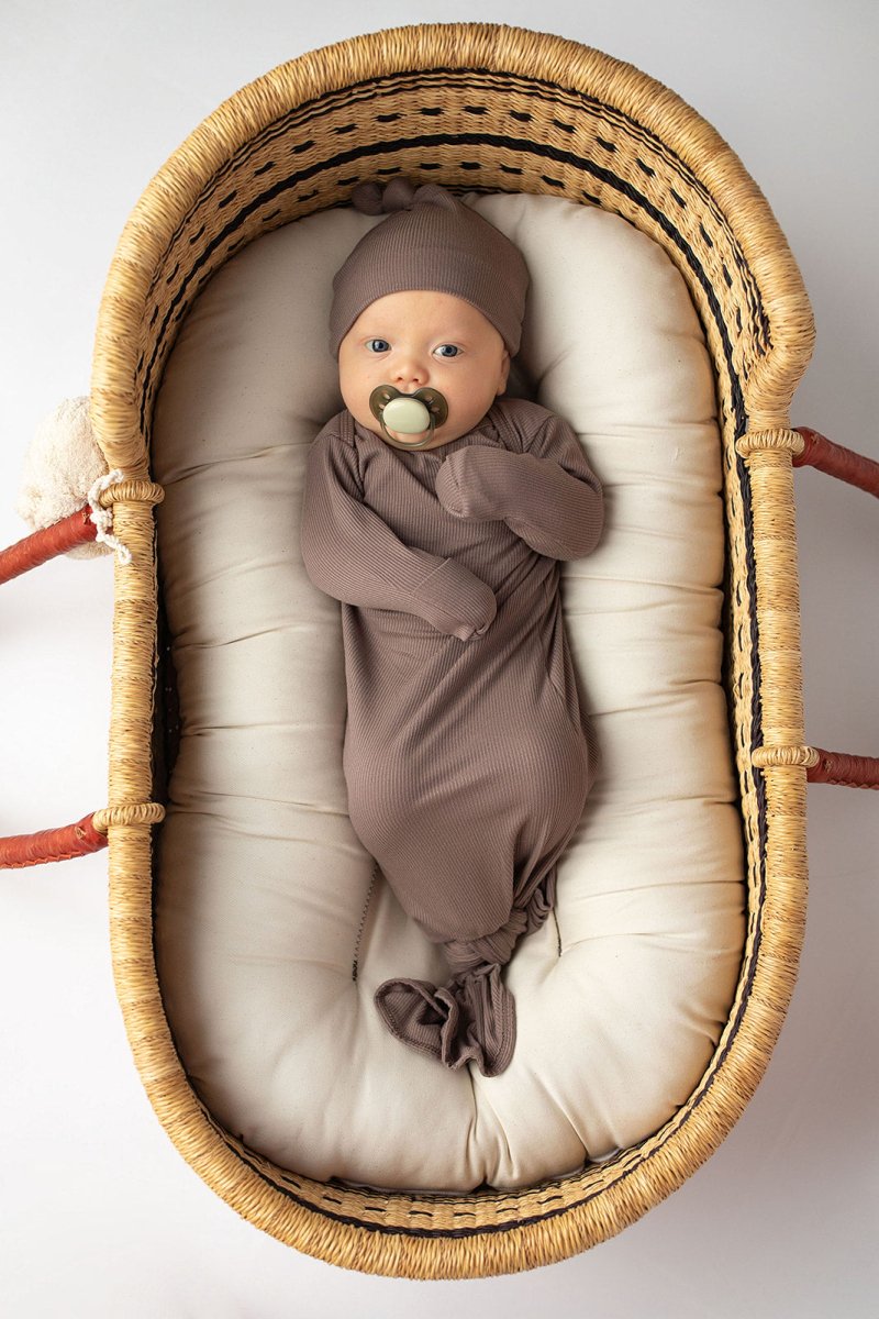 Three Little Tots Cocoa Brown Ribbed Knotted Newborn Baby Gown - 