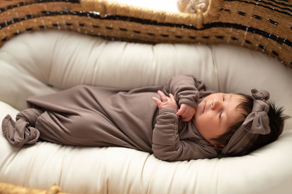 Three Little Tots Cocoa Brown Ribbed Knotted Newborn Baby Gown - 