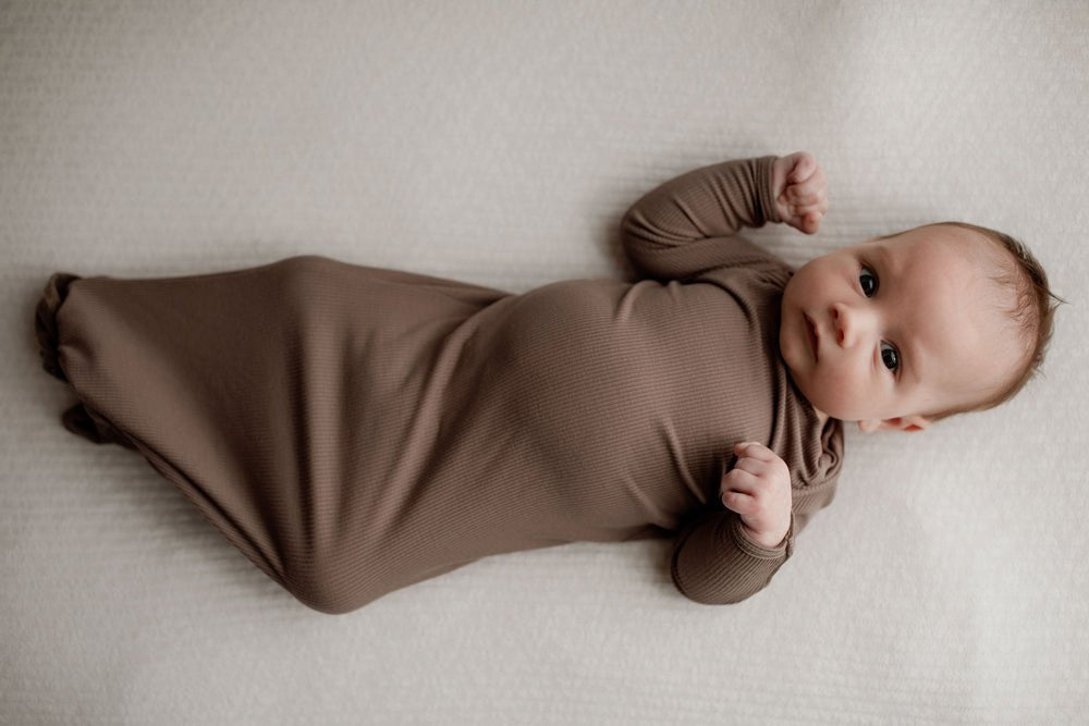 Three Little Tots Cocoa Brown Ribbed Knotted Newborn Baby Gown - 
