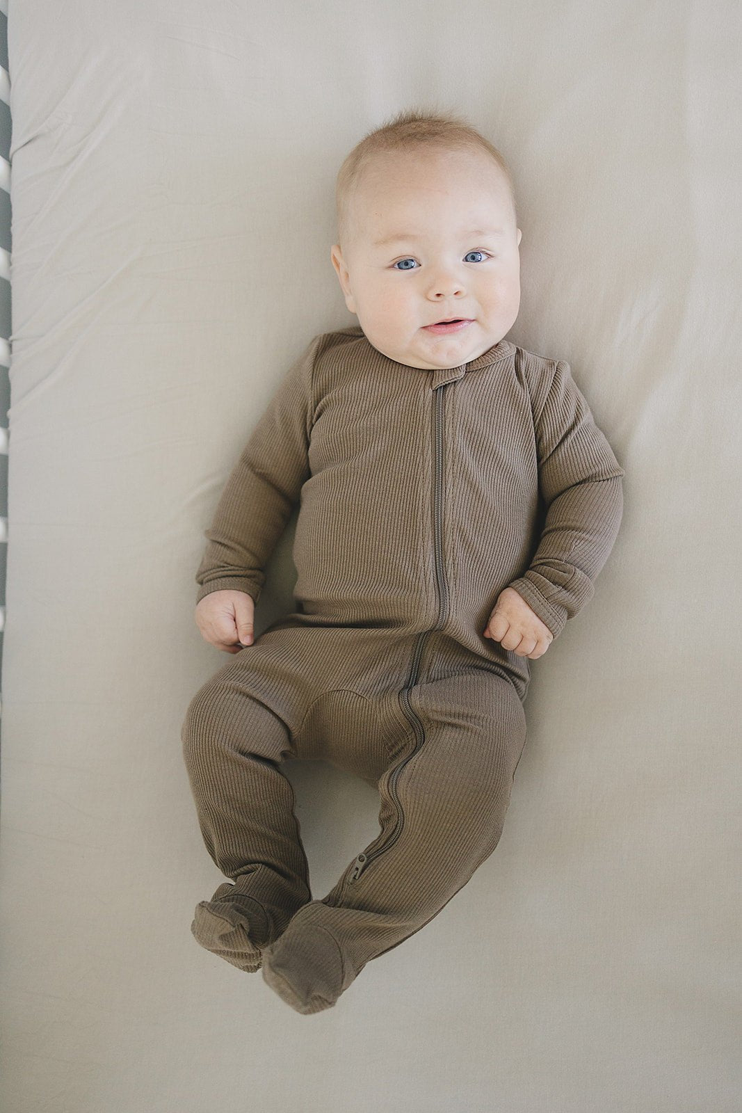 Mebie Baby Cocoa Organic Cotton Ribbed Footed Baby Pajamas With Two Way Zipper - 