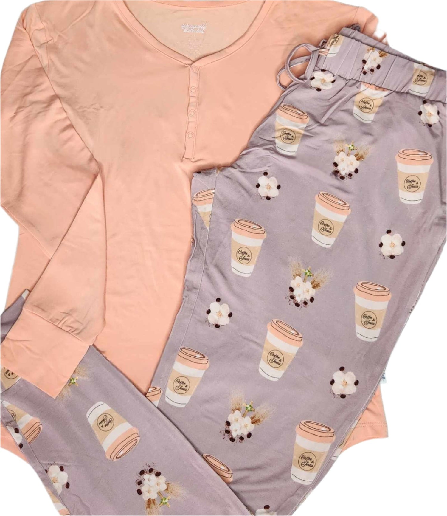 Women's long-sleeve button-front pajama top and matching jogger pants with a Coffee and Jesus print
