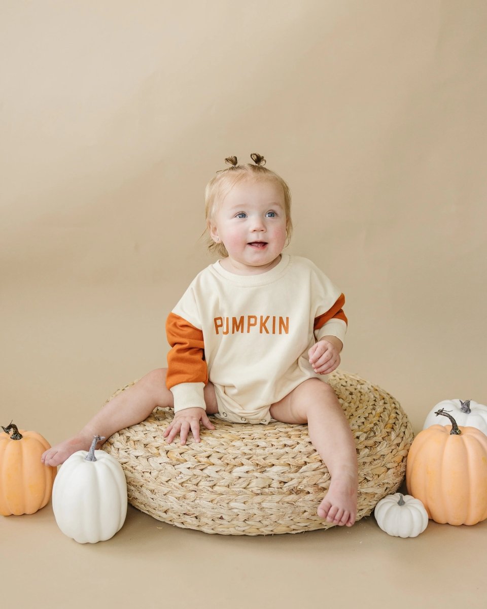 Little Joy Co. Colorblock Pumpkin Sweatshirt Romper With Snaps For Babies - Everetts Place Boutique - 