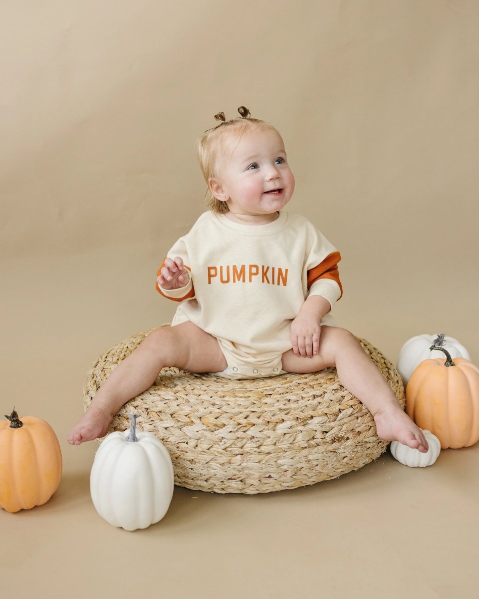 Little Joy Co. Colorblock Pumpkin Sweatshirt Romper With Snaps For Babies - Everetts Place Boutique - 