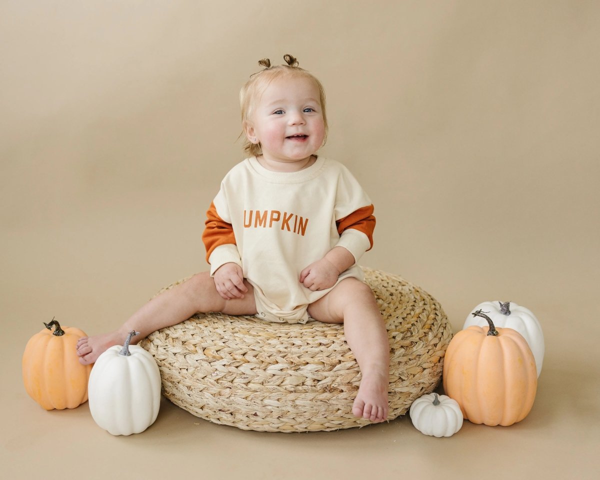 Little Joy Co. Colorblock Pumpkin Sweatshirt Romper With Snaps For Babies - Everetts Place Boutique - 