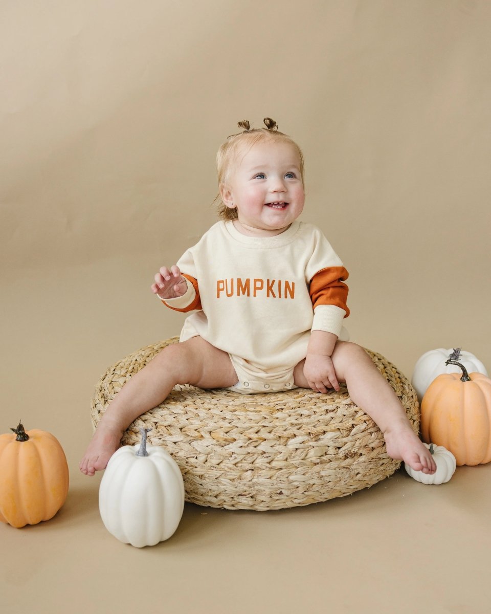 Little Joy Co. Colorblock Pumpkin Sweatshirt Romper With Snaps For Babies - Everetts Place Boutique - 