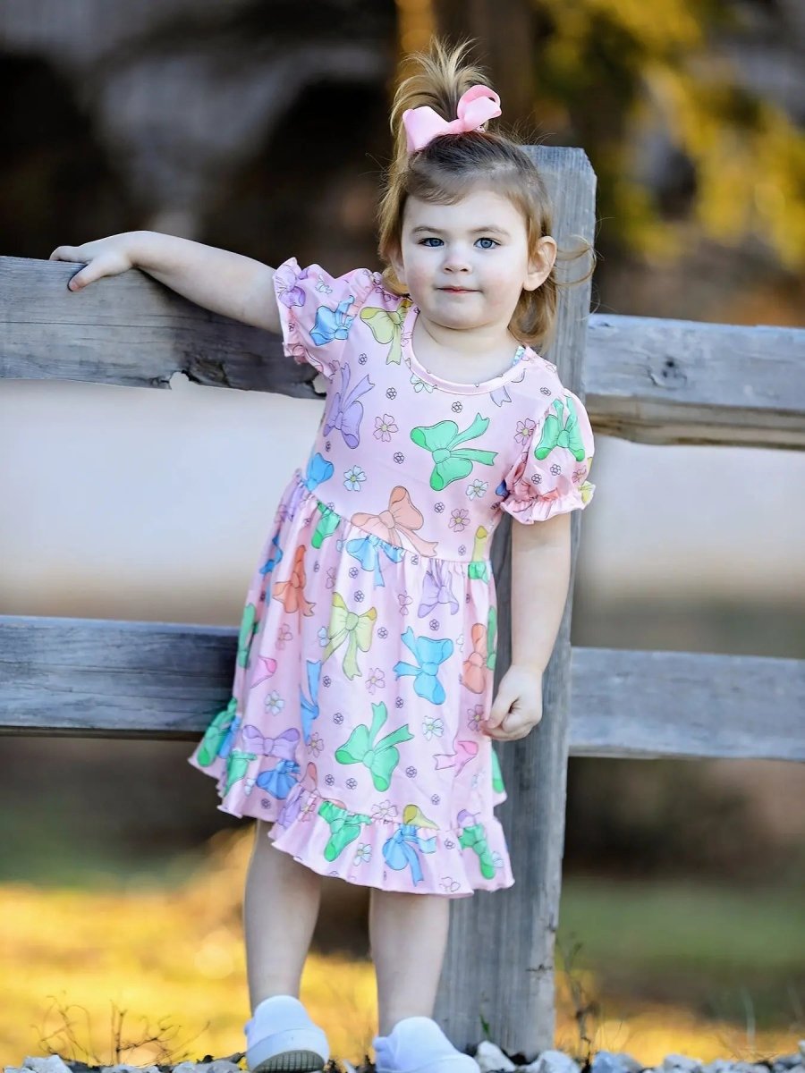 Rylee Faith Designs Colorful Bow Print Ruffles Girls Dress for Celebrations - 