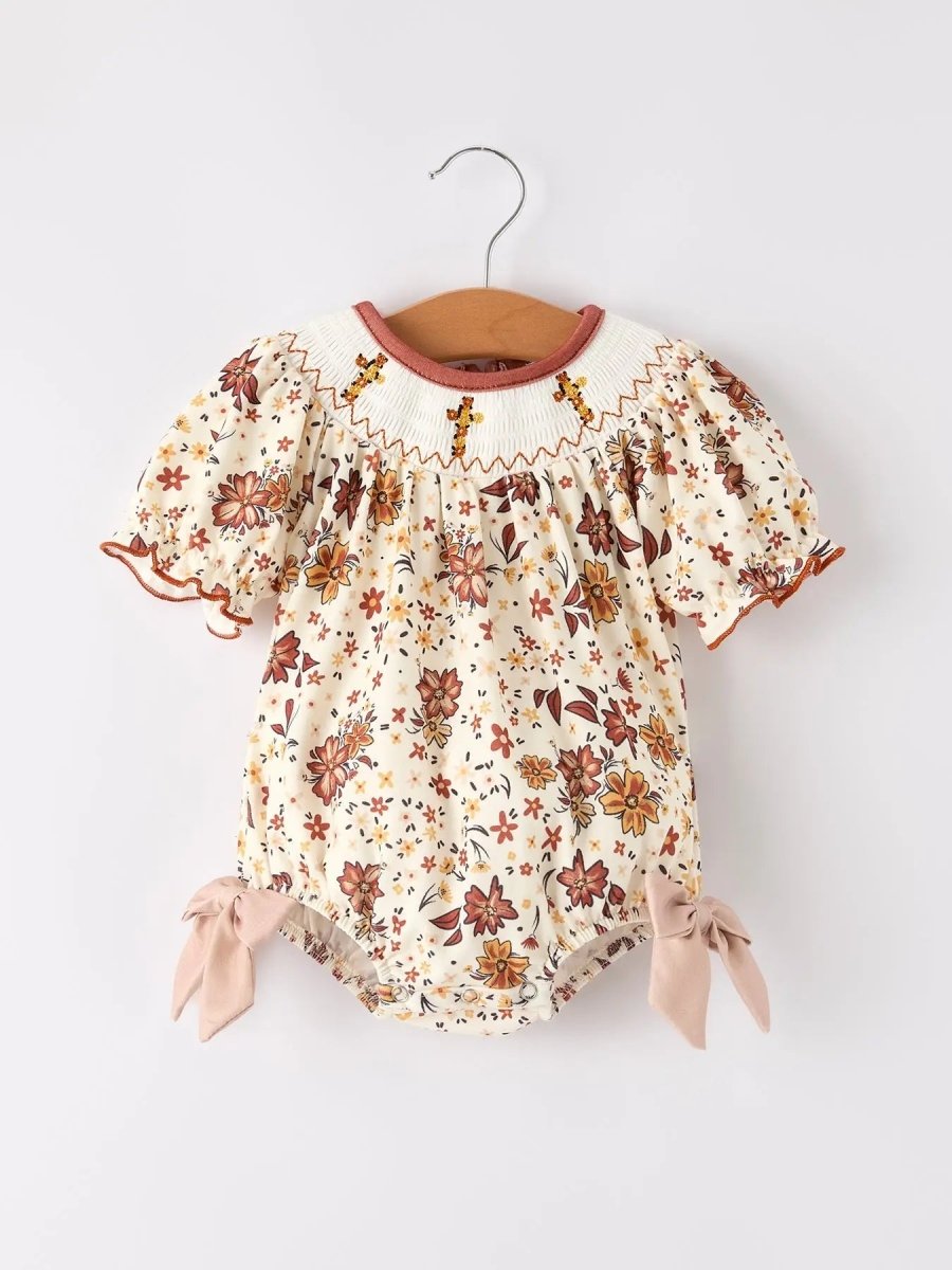 Rylee Faith Designs Colorful Floral Smocked Bishop Romper for Baby Girl Christening and Church Events -