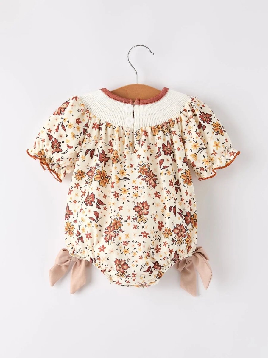 Rylee Faith Designs Colorful Floral Smocked Bishop Romper for Baby Girl Christening and Church Events -
