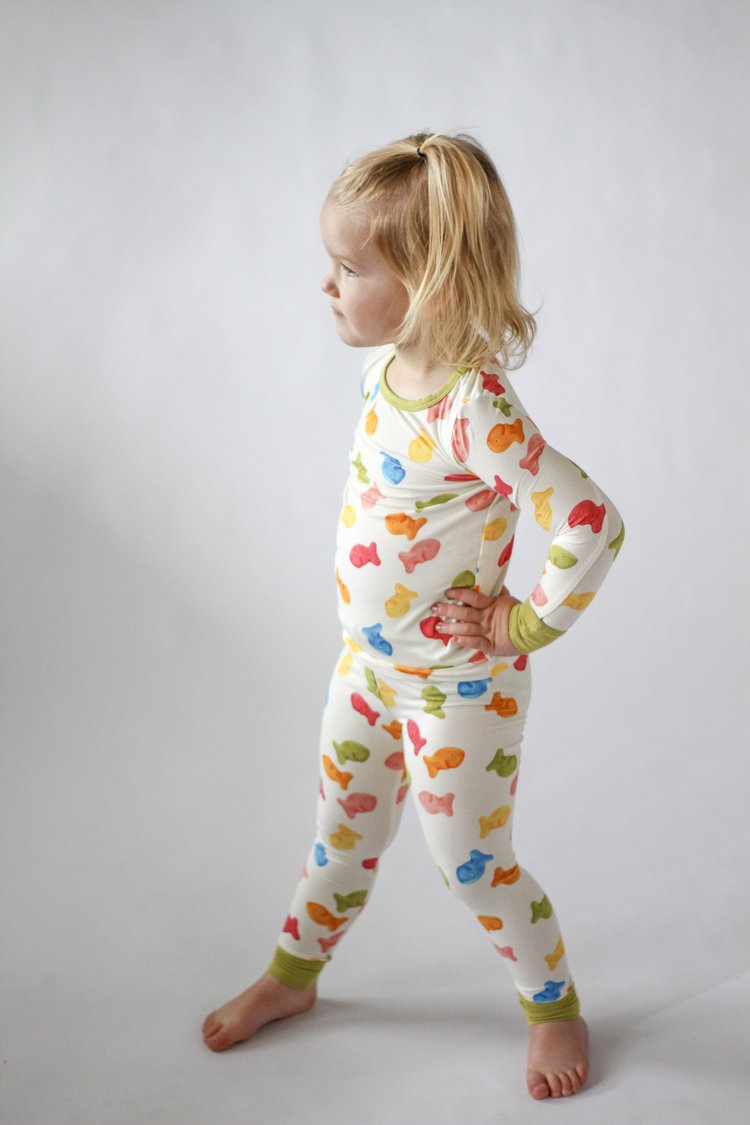 My First Snack Bamboo Pajamas – Green & Pink Lining Toddler PJs by Rayn’s Tiny Stitches