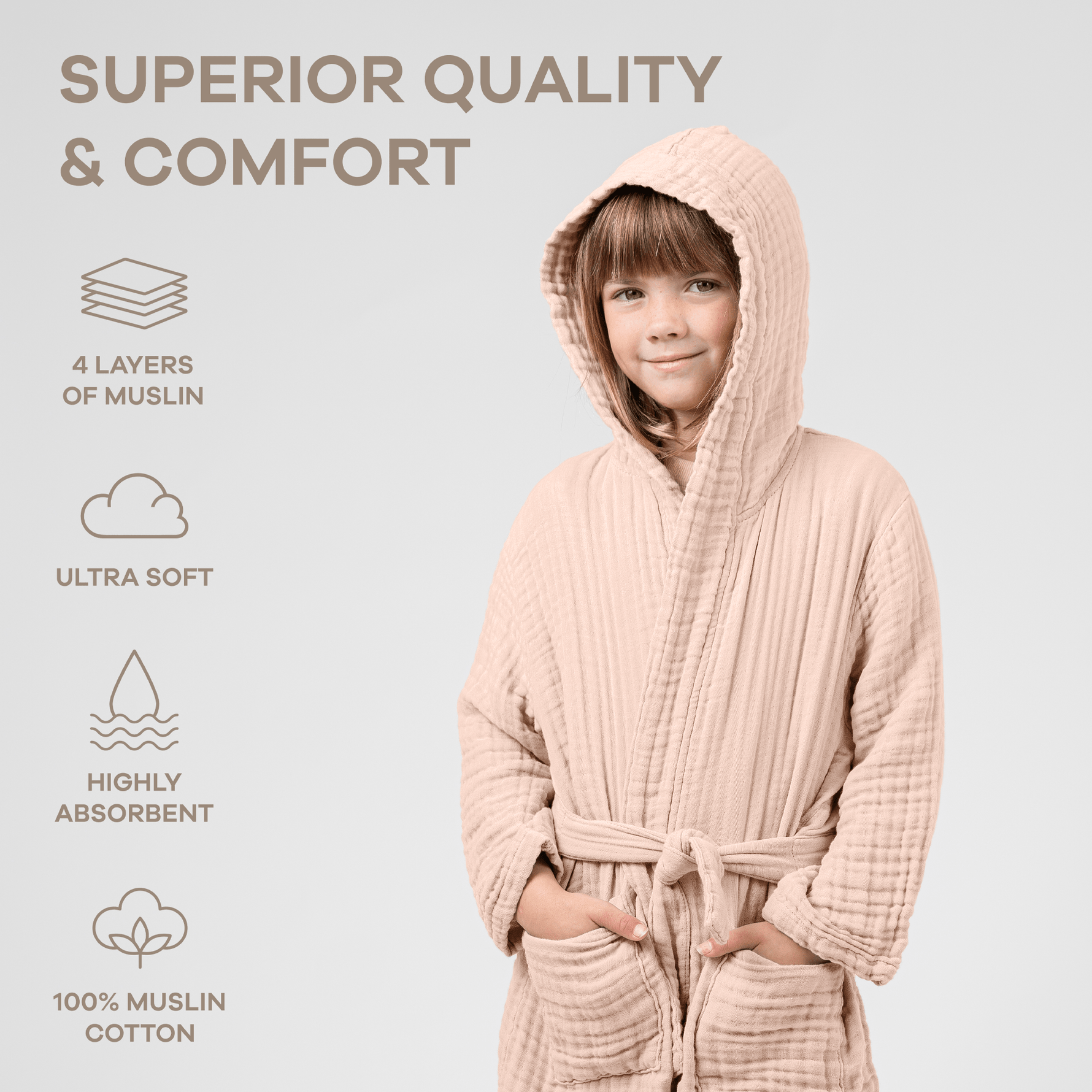 Comfy Cubs Comfy Cubs Kids Muslin Bath Robe Blush With Hood And Belt - 