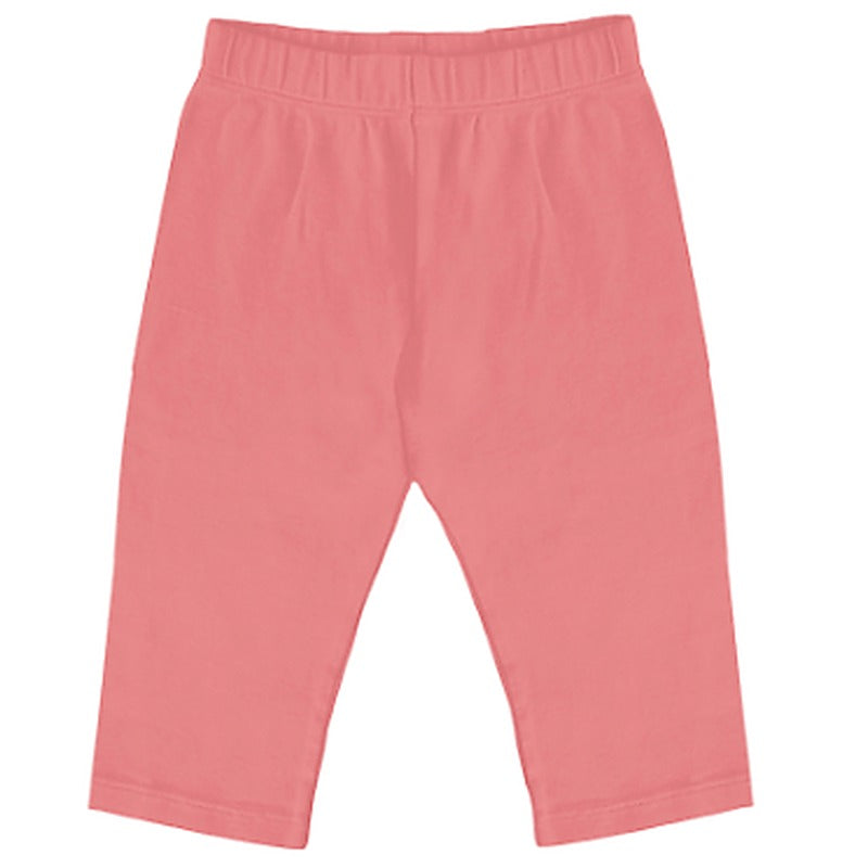Baby comfy pants in warm coral pink with an elastic waistband.