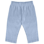Pale heavenly blue baby comfy pants with an elastic waistband, shown flat.