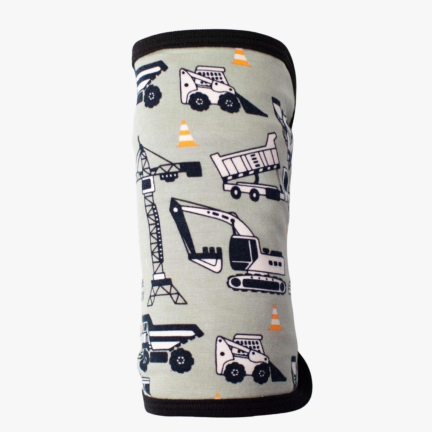 Square baby swaddle blanket printed with a construction site scene of trucks and diggers