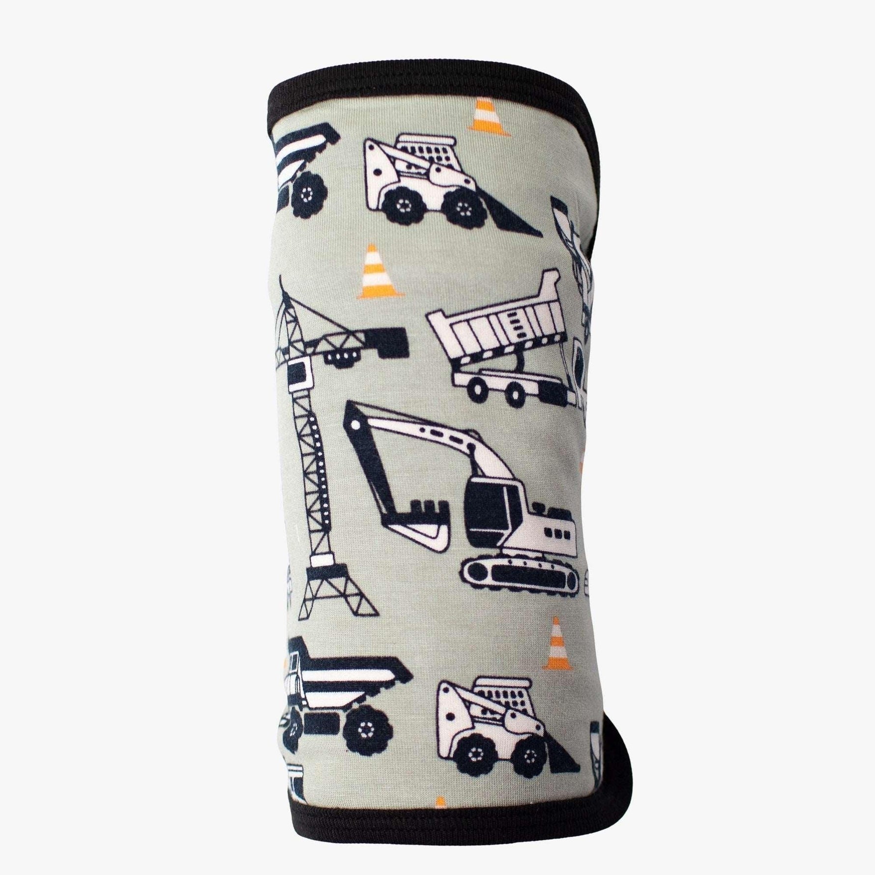 Square baby swaddle blanket printed with a construction site scene of trucks and diggers