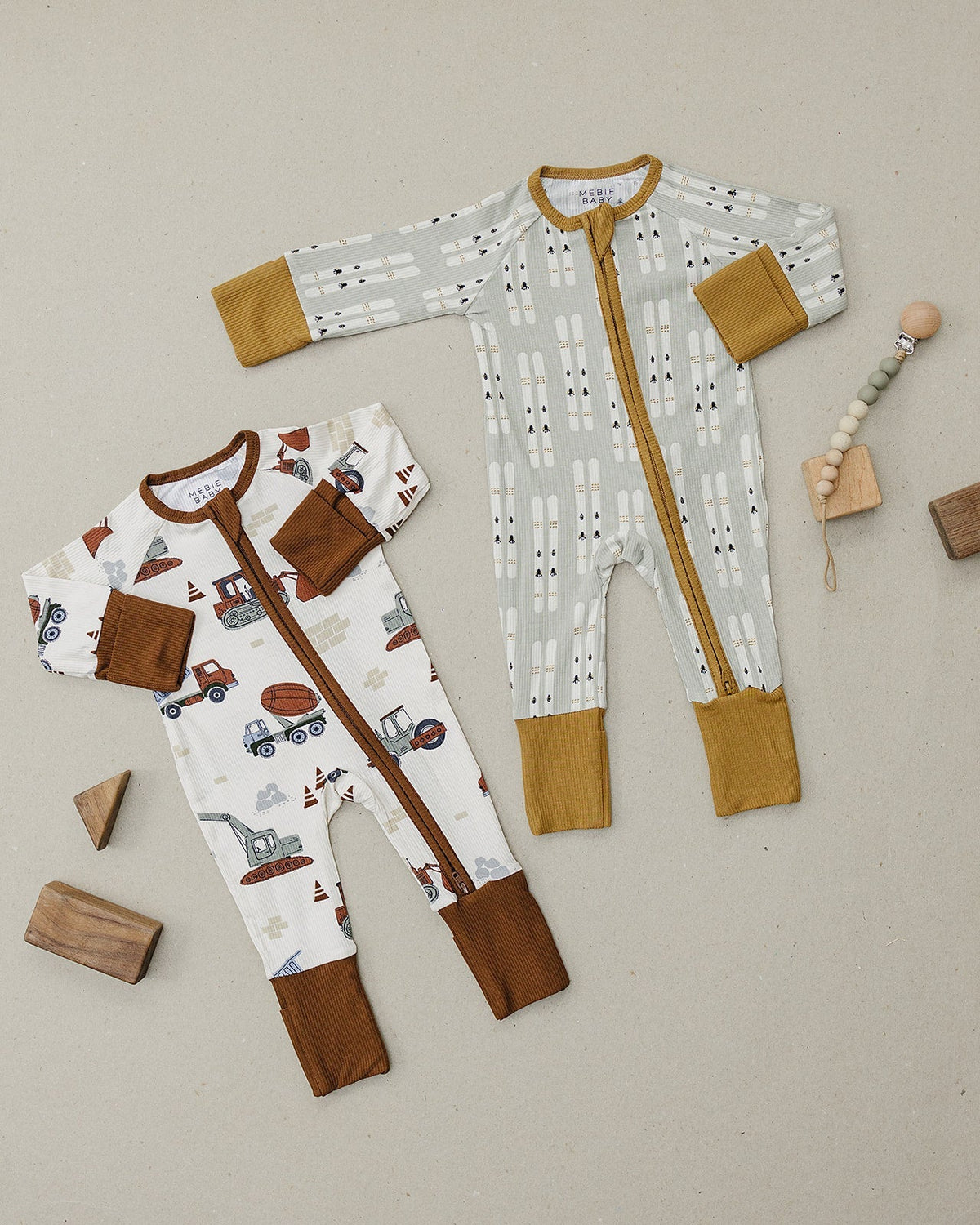 Mebie Baby Construction Trucks Ribbed Bamboo Zipper Onesie For Newborns To 18 Months - 