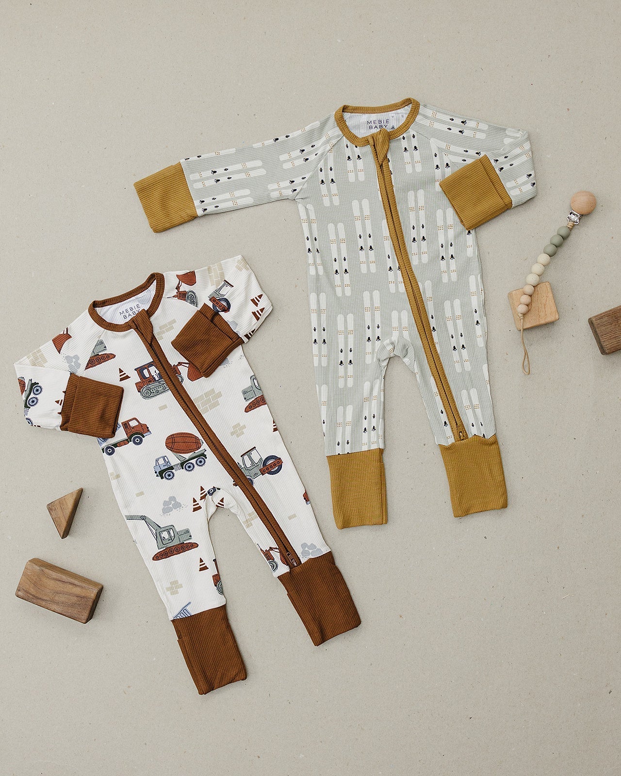 Mebie Baby Construction Trucks Ribbed Bamboo Zipper Onesie For Newborns To 18 Months - 