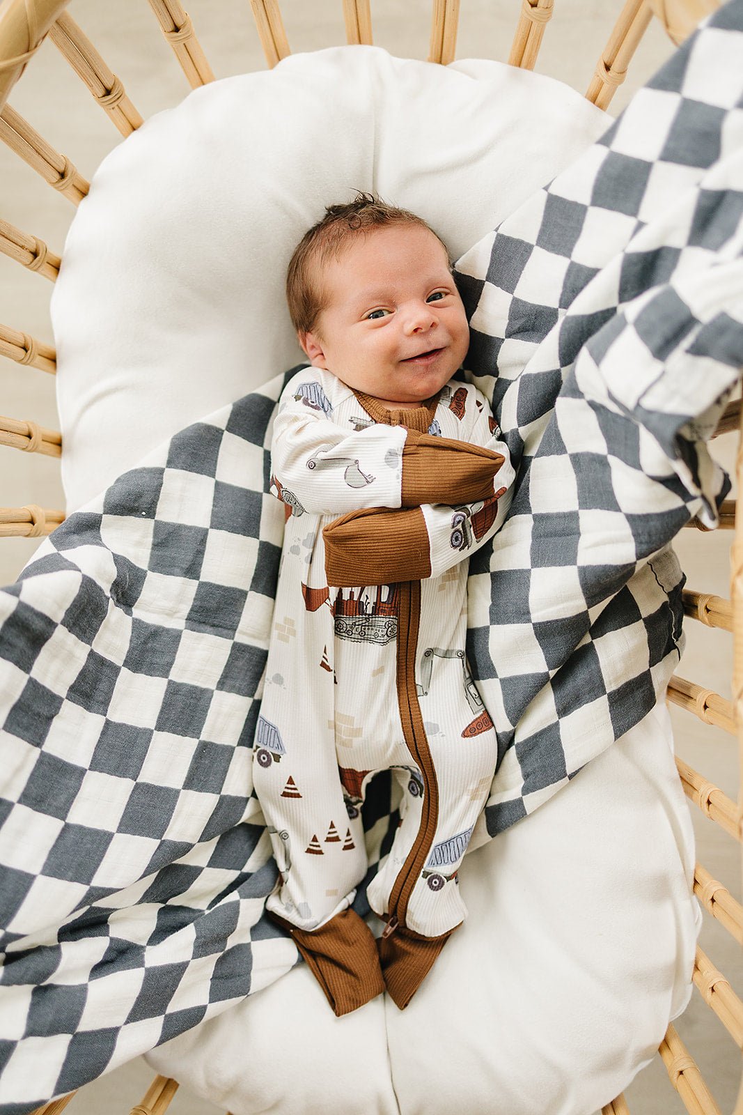 Mebie Baby Construction Trucks Ribbed Bamboo Zipper Onesie For Newborns To 18 Months - 