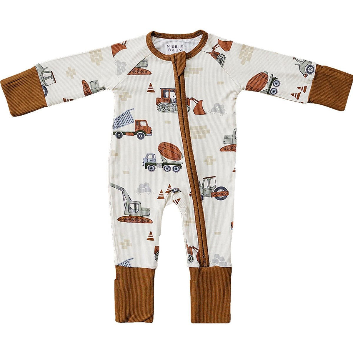 Mebie Baby Construction Trucks Ribbed Bamboo Zipper Onesie For Newborns To 18 Months - 